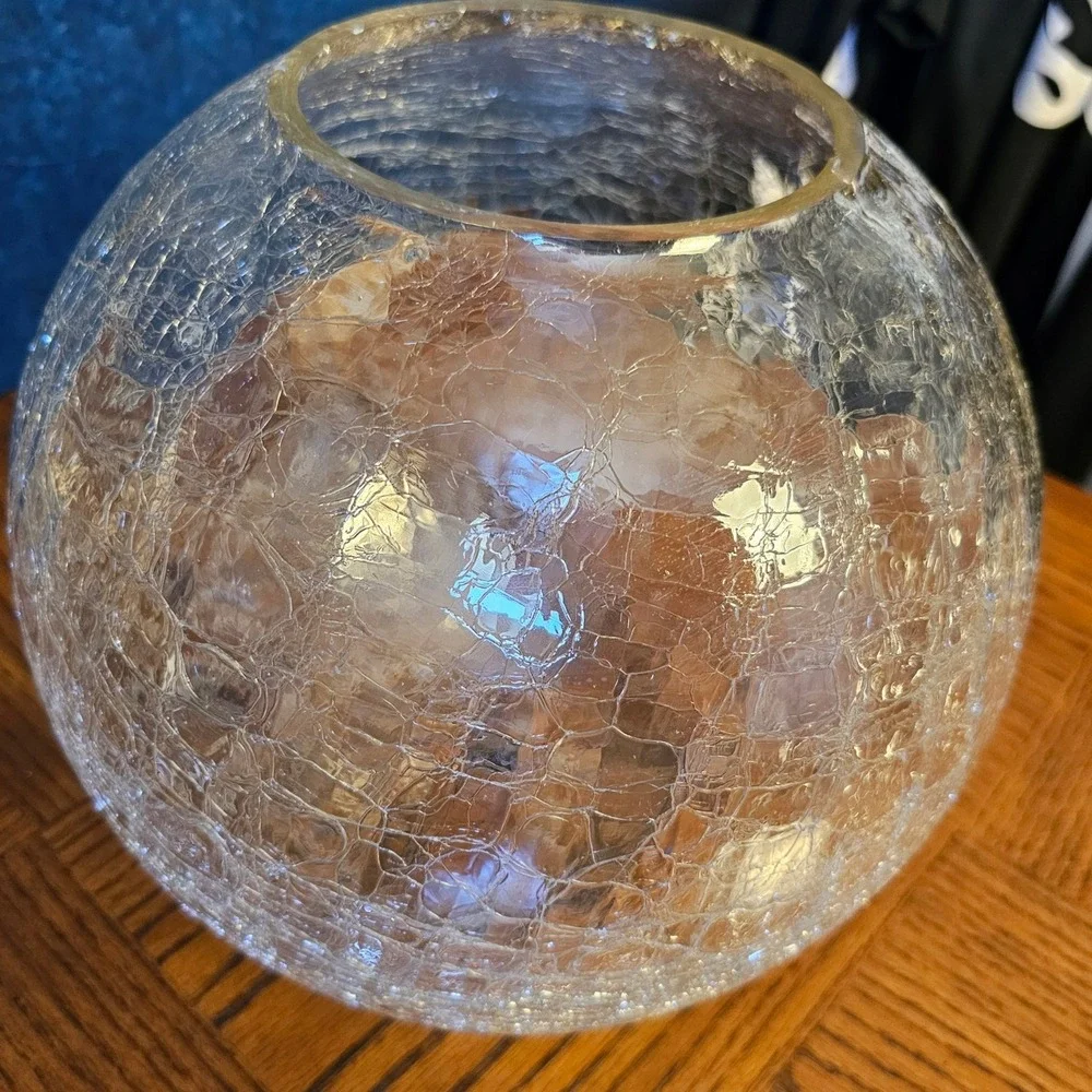 Vintage Handcrafted Clear Crackle Glass Rose Bowl Vase 12 inch Round Centerpiece